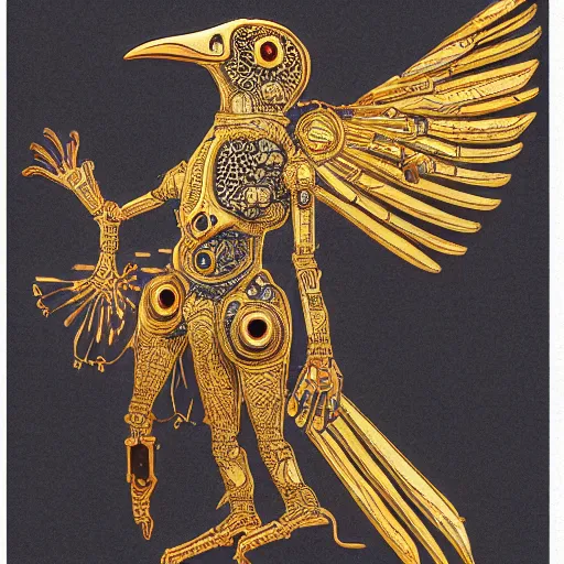 Prompt: an organic cybernetic being, anthropomorphic crow, ornate golden detailing on their body