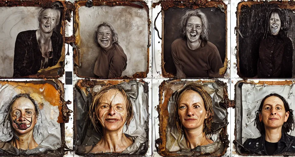 Prompt: a triptych of close up portraits of a very ordinary middle-aged woman with a smiling expression, Anselm Kiefer and Lucian Freud and Jenny Saville, tintype, oil painting, rust, Scaffolding, rusted metal and sunflowers, iron cladding, decay, mixed media, textured, anatomically correct, beautiful perfect face, visible brushstrokes, sharp focus, twisted electrical wire, Highly Detailed, nails, photographic emulsion cracked and peeling, Cinematic Lighting, 8k, HD