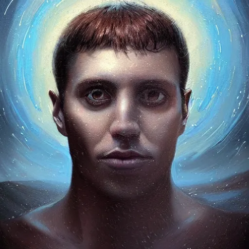 Image similar to surreal portrait of a man by Greg Rutkowski, symmetrical face, he is about 30 years old, short black hair with bangs, his features are a mix between French, Turkish and Russian, transformed into a kind of biomechanical transhuman god, blue glowing eyes, uncany but fascinating, expression of epiphany and determination, cosmic void background, frightening, fascinating, highly detailed portrait, digital painting, book cover, artstation, concept art, smooth, sharp foccus ilustration, Artstation HQ