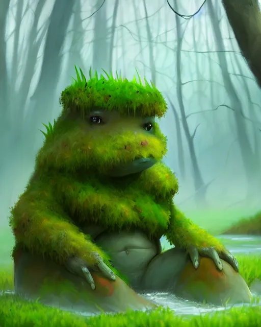 Image similar to concept art for a cute thicc moss creature, sitting in a shallow swamp, fog, full body artwork, full background | | epic - fine - clean, polished, trending on artstation, brush strokes