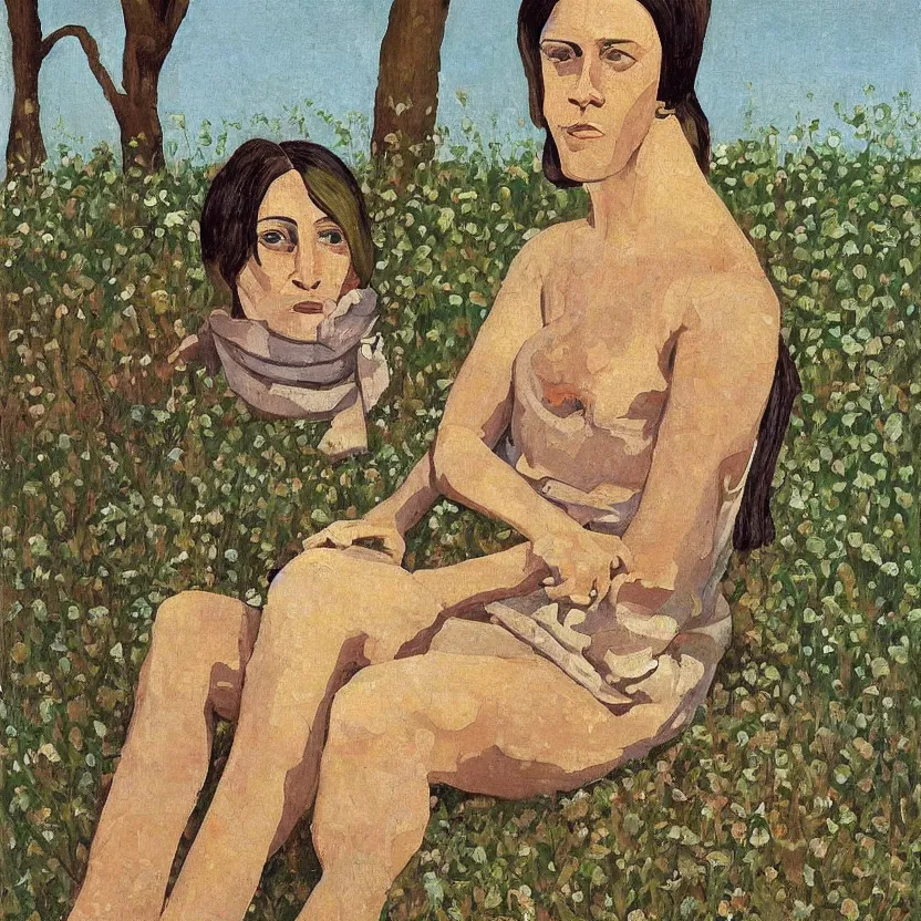 Image similar to a painted portrait of a women outdoorst, art by felice casorati, aesthetically pleasing and harmonious natural colors, expressionism, fine day, portrait