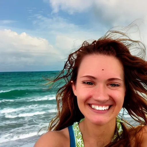 Image similar to Selfie photograph of a cute young woman with bronze brown hair and vivid green eyes, smiling smugly, medium shot, mid-shot, beach background