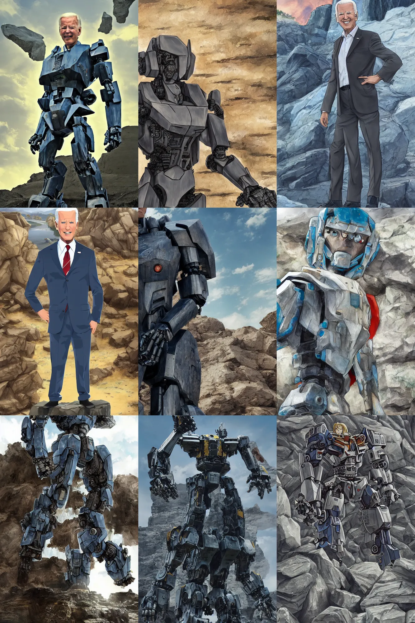 Prompt: character portrait of mecha joe biden standing in a rock quarry, daylight, realistic lighting, good value control joe biden, joe biden, joe biden, joe biden, mecha, robot, intricate, human head, realistic face proportions, takeyuki kanda, shotaro ishinomori, ken ishikawa, in the style of pacific rim