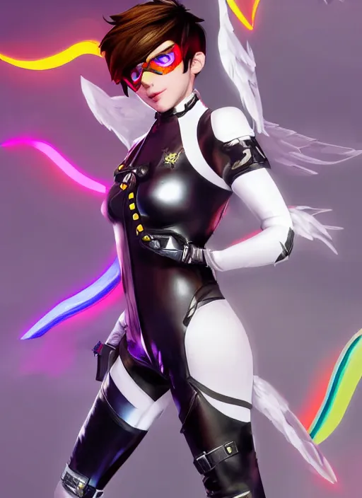 Image similar to portrait bust digital artwork of tracer overwatch, wearing white iridescent rainbow latex and leather straps catsuit outfit, 4 k, expressive happy smug expression, makeup, in style of mark arian, angel wings, wearing detailed black leather collar, chains, black leather harness, detailed face and eyes,