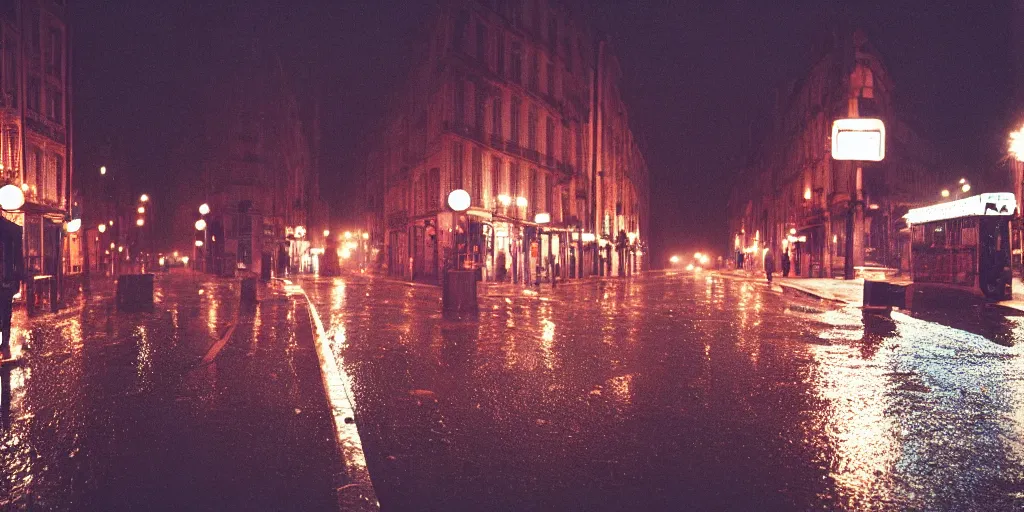 Image similar to street of paris photography, night, rain, mist, cinestill 8 0 0 t, in the style of william eggleston