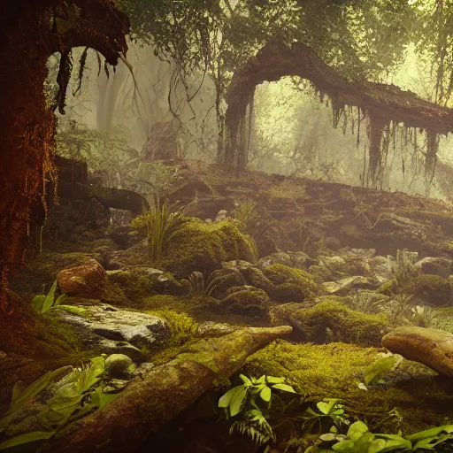 Prompt: Lush otherworldly woodlands with ancient mechanical ruins. Octane & Unreal Engine 4 & f1.4 Photography.