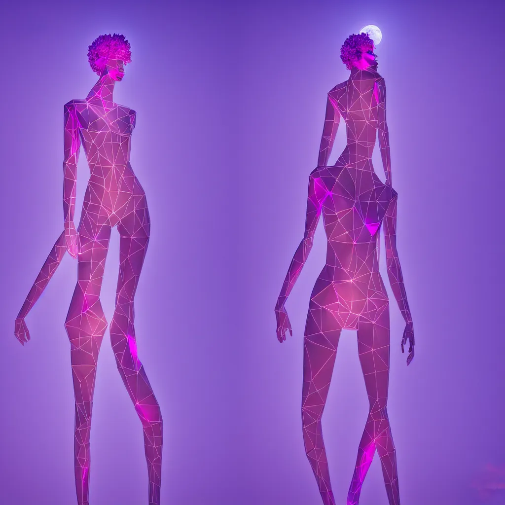 Image similar to beautiful mannequin sculpted out of amethyst by billelis + lit with 3 d geometric neon + facing a doorway opening with neon pink geometric fractal light + flowering hosta plants!!!, moon in background!, rule of thirds, clean linework, dramatic, award winning, 4 k, trending on artstation, photorealistic, volumetric lighting, octane render