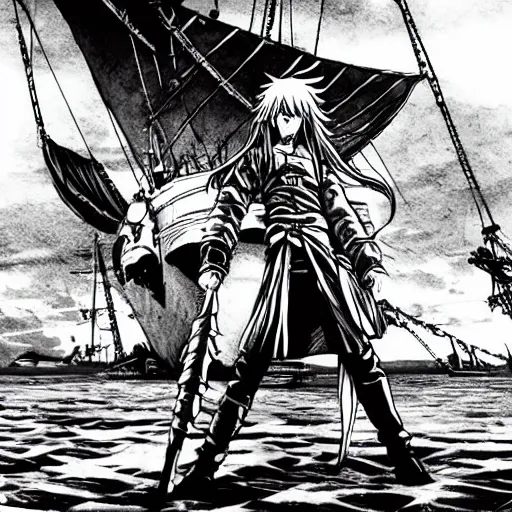 Prompt: sky-pirate with long red hair in front of a sky-ship, vinland saga, anime style