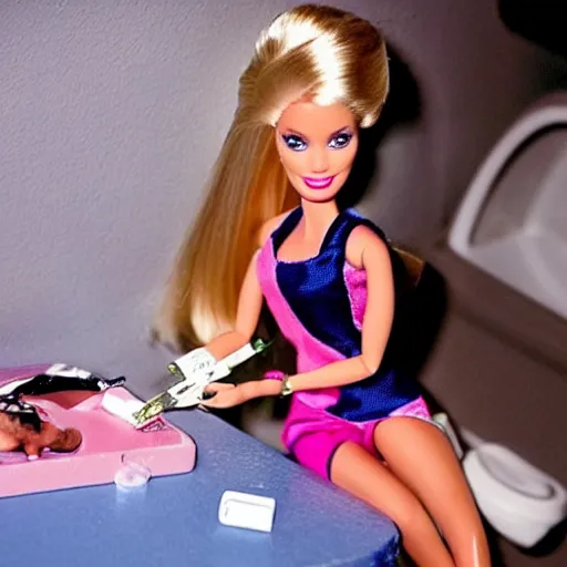 Image similar to barbie taking heroin with a syringe with a big needle in her arm, bad drugs, stoned, toilet