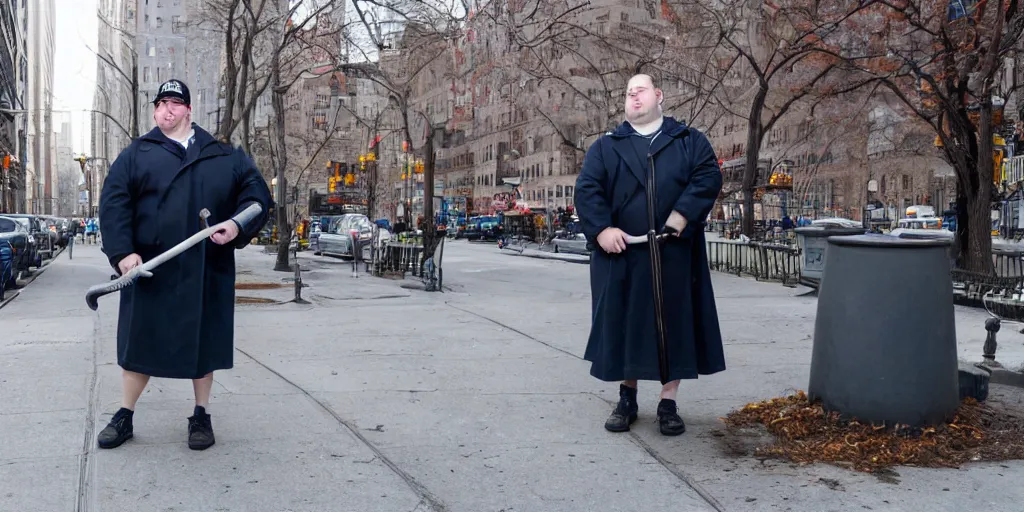 Prompt: photo of a handsome massive obese white man in his early 3 0 s wearing glasses, wears a large dark coat and a short denim skirt, holding a blue shining sword, environment is new york city boston on a sidewalk.