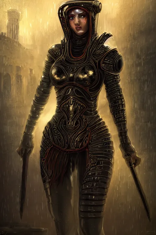 Prompt: portrait knights of Zodiac girl, metallic black and reddish color reflected armor, in heavily rainning ruin Agora of Athens, ssci-fi, fantasy, intricate, rim lights, natural atmosphere, great high details, cinematic lighting,, elegant, golden light, highly detailed, digital painting, concept art, smooth, sharp focus, illustration, art by artgerm and greg rutkowski and alphonse mucha and loish and WLOP