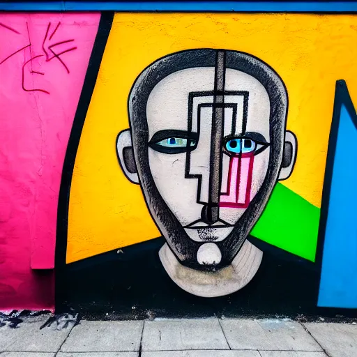 Image similar to wall with graffiti of man with one eye made with colored circles and lines