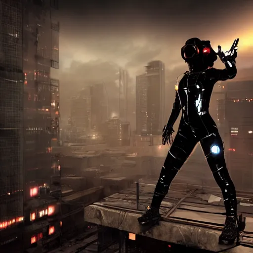 Prompt: A post apocalyptic comic book style of a warrior girl wearing black & cyber suit, fighting on rooftop Tokyo cyberpunk feel night, dramatic light, rim light, unreal engine render, octane render, hyperrealism