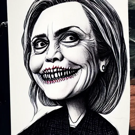 Prompt: grunge drawing of Hillary Clinton in the style of jack skellington and Jacob Shaw,creepy, surreal, trending on artstation