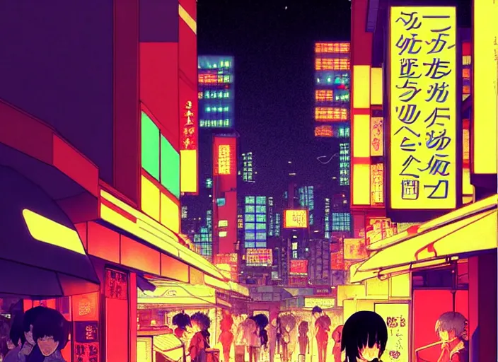 Image similar to editorial illustration colorful, anime city scene at night, katsuhiro otomo ilya kuvshinov, fine texture, realistic shading, ghost in the shell, fine details, matte colors, perfect face, dramatic lighting, dynamic composition, moody, vivid, volumetric, stippled lighting, big and cute eyes, cinematic, trending on artstation, kentaro miura