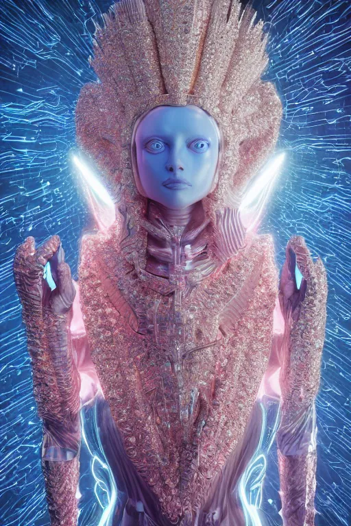 Image similar to hyper detailed ultra sharp portrait of baroque and bladerunner delicate neon diamond sculpture of seductive albino pharaoh kit butler, diamond pink sphinx iridescent humanoid deity wearing metallic hoody made out of hands holding the sun prismatic dungeon, glowing blue face, crown of white diamonds, cinematic lighting, photorealistic, octane render 8 k depth of field 3 d