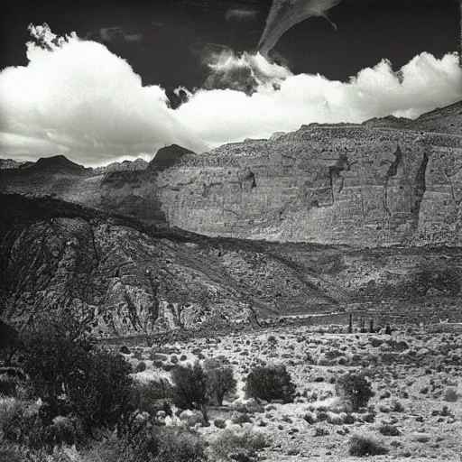 Prompt: “photograph of the valley of the dinosaurs, by Ansel Adams, high contrast, old photo, vignette”