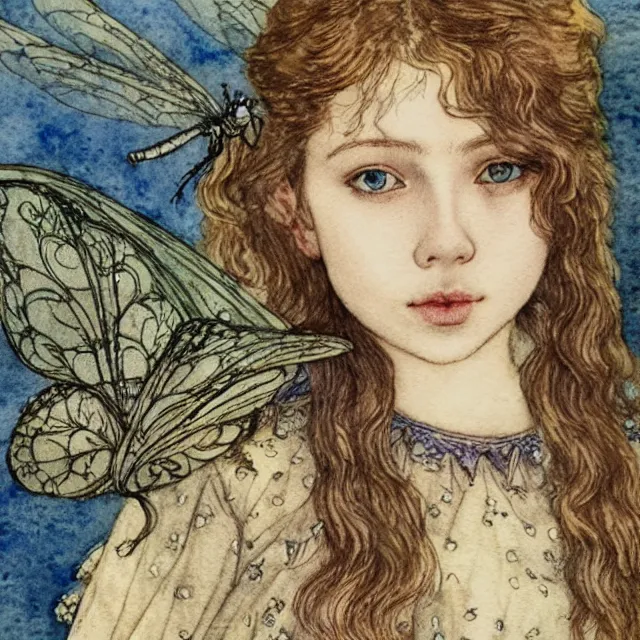 Image similar to a detailed, intricate watercolor and ink portrait illustration with fine lines of young 1 4 year old scarlett johannson as a happy winged fairy with dragonfly wings wearing a peasant dress, by arthur rackham and edmund dulac and lisbeth zwerger