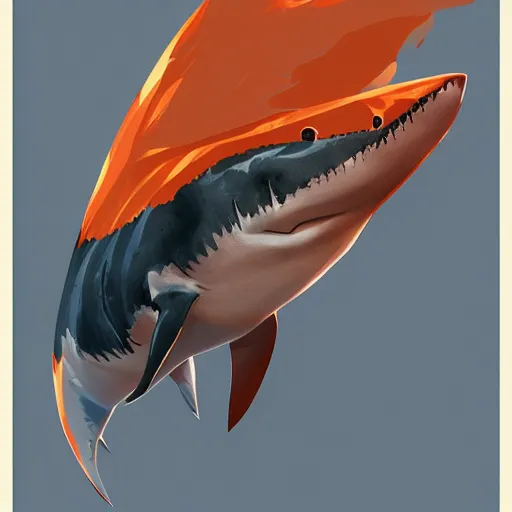 Image similar to great white shark, side view, with an orange traffic cone on its dorsal fin - ron cheng & alphonse mucha, highly detailed, digital painting, ray tracing, concept art, illustration, smooth sharp focus, intricate, symmetry, artstation,