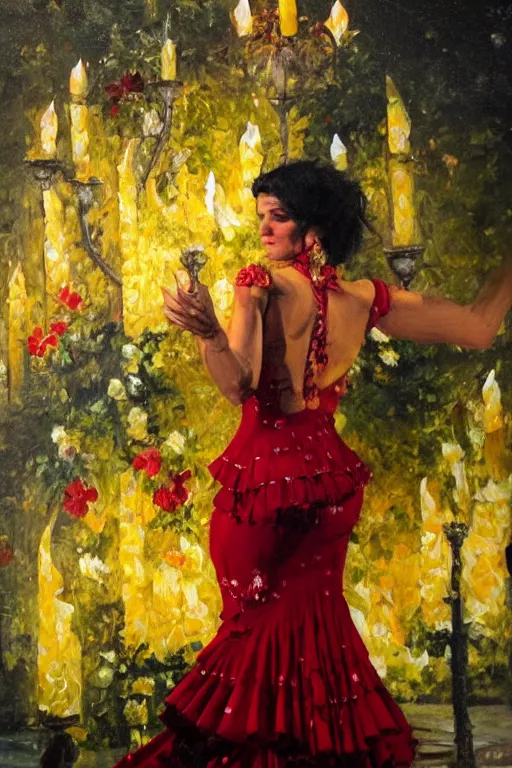 Image similar to vintage detailed oil painting of spanish flamenco dancer in mallorca wearing a red dress made of flowers, dress on fire, dimly lit by candles on the ground, looking away, dark shadows, photo realistic, extreme detail skin, no filter, slr, 4 k, high definition
