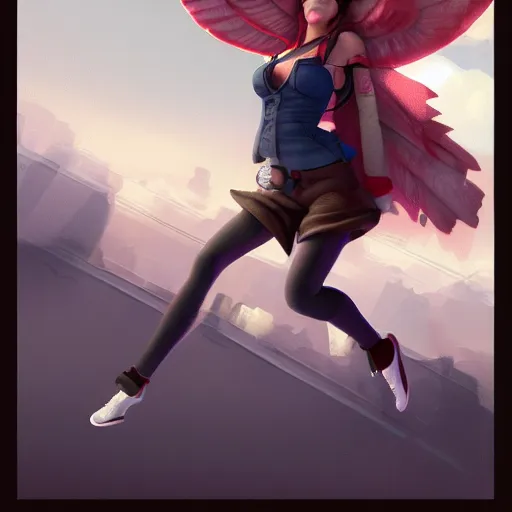 Image similar to spuergirl flying, cityscape, cloud day, artstation, 8 k