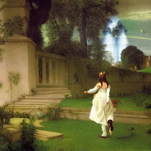 Image similar to Girl riding a horse leaving the castle through the bridge, thunderstorm, french garden on the background major arcana sky, by paul delaroche, alphonse mucha and arnold böcklin arnold böcklin hyperrealistic 8k, very detailed