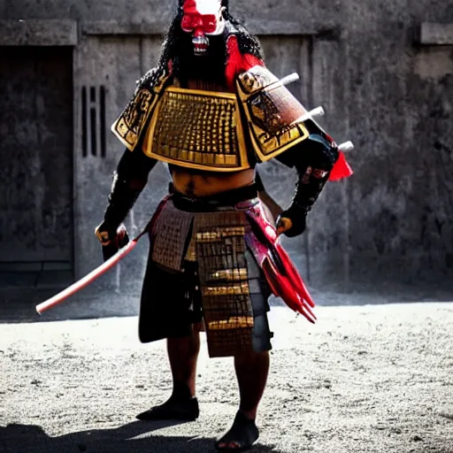 Image similar to big buff strong very buff samurai wearing an oni mask, movie still