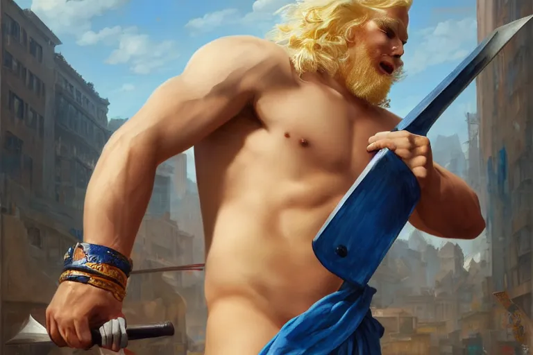 Image similar to a blond man in a blue suit with a sword fighting a bare chested asian gladiator, organic painting, sunny day, matte painting, bold shapes, hard edges, street art, trending on artstation, by huang guangjian, gil elvgren, ruan jia, randy vargas, greg rutkowski