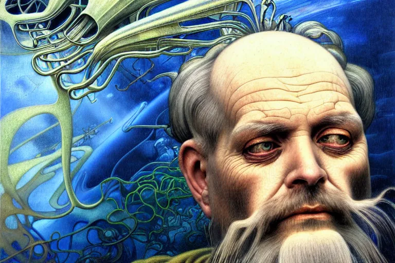 Image similar to realistic extremely detailed portrait closeup painting of an old man, futuristic sci-fi landscape on background by Jean Delville, Amano, Yves Tanguy, Alphonse Mucha, Ernst Haeckel, Edward Robert Hughes, Roger Dean, rich moody colours, silver hair and beard, blue eyes