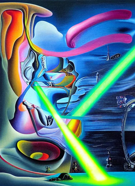 Prompt: an extremely high quality hd surrealism painting of a 3d slow-shutter galactic neon complimentary colored cartoon surrealism melting light-saber candy wormhole by kandsky and salviosa dali the seventh, salvador dali's much much much much more talented painter cousin, 4k, ultra realistic, super realistic, so realistic that it changes your life