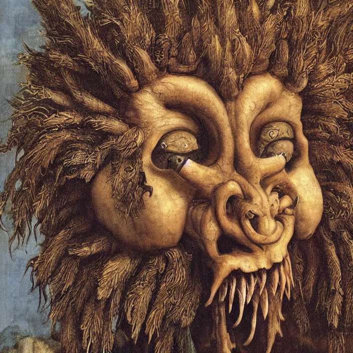 Prompt: close up portrait of a mutant monster creature with crooked boar - like teeth, flower iris eyes, ingrown nose, spidery mustache, lace and manbun. jan van eyck