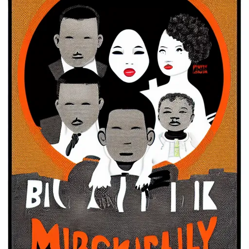 Prompt: a poster design of a miserable black family by adhira putra,