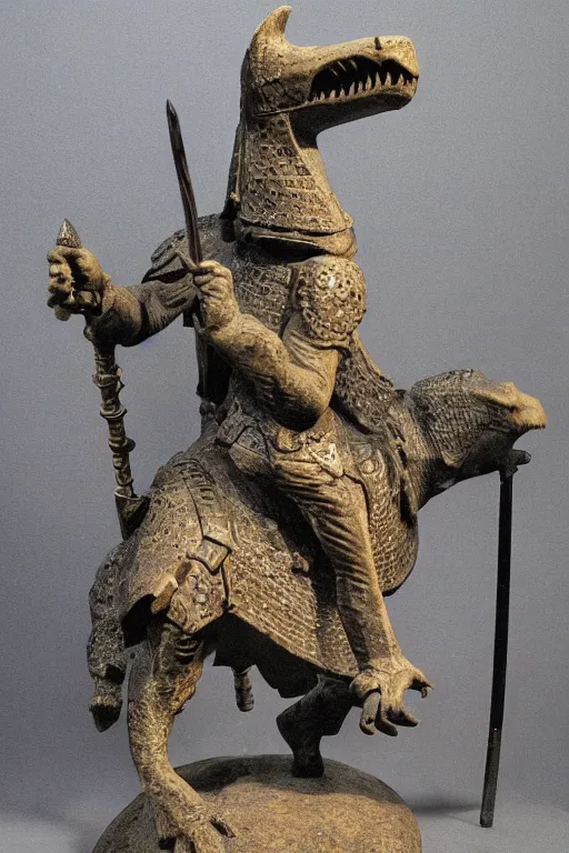 Prompt: medieval Norman, circa 1300, photo of stone statue, of a night in full armor with a sword, riding an Allosaurus, romanesque style, in museum