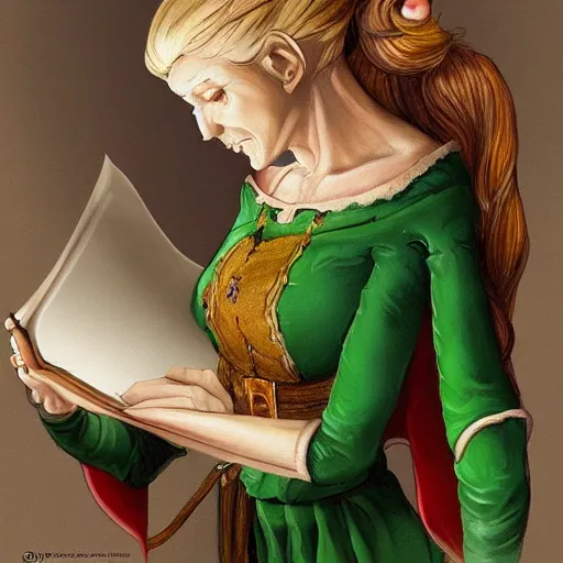 Image similar to A beautiful old female elf holding a scroll, preparing a spell, digital painting, detailed, realism, art station, intricate