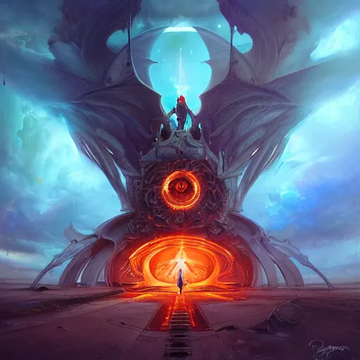 Image similar to ultradetailed satanic spaceship opening synthwave portal to insanity dimension by peter mohrbacher and emmanuel shiu and martin johnson heade and bastien lecouffe - deharme