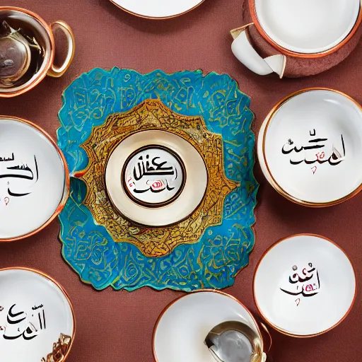 Image similar to arabic calligraphy by pollock, moroccan tea set, product photography, product design