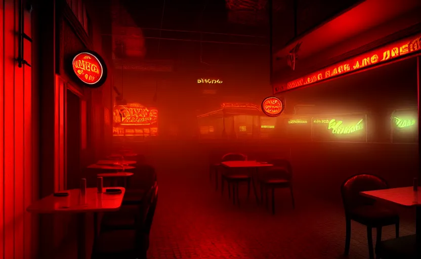 Prompt: diner, horror scene, dim neon lighting, beautiful volumetric-lighting-style atmosphere, eerie atmosphere, intricate, detailed, photorealistic imagery, artstation