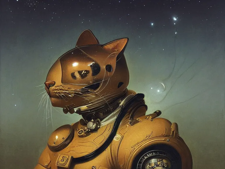 Image similar to a detailed profile painting of a cat in a spacesuit, symmetrical and science fiction theme by beksinski carl spitzweg and tuomas korpi. baroque elements, full-length view. baroque element. intricate artwork by caravaggio. Trending on artstation. 8k