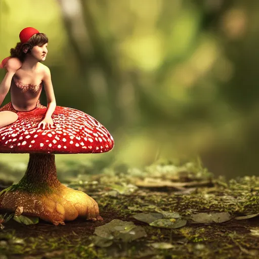 Image similar to a fairy sitting on a toadstool, macro, depth of field, zeiss lens, detailed, symmetrical, centered, fashion photoshoot, by annie leibovitz and steve mccurry, david lazar, jimmy nelsson, breathtaking, 8 k resolution, extremely detailed, beautiful, establishing shot, artistic, hyperrealistic, beautiful face, octane render