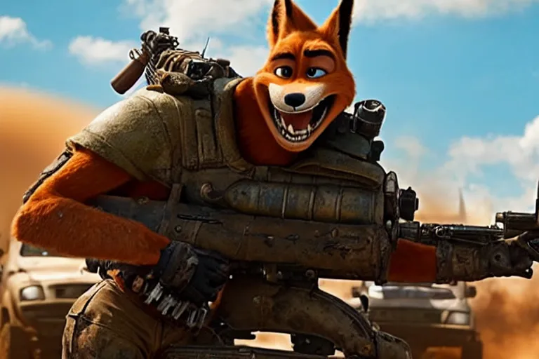 Image similar to nick wilde, heavily armed and armored facing down armageddon in a dark and gritty reboot from the makers of mad max : fury road