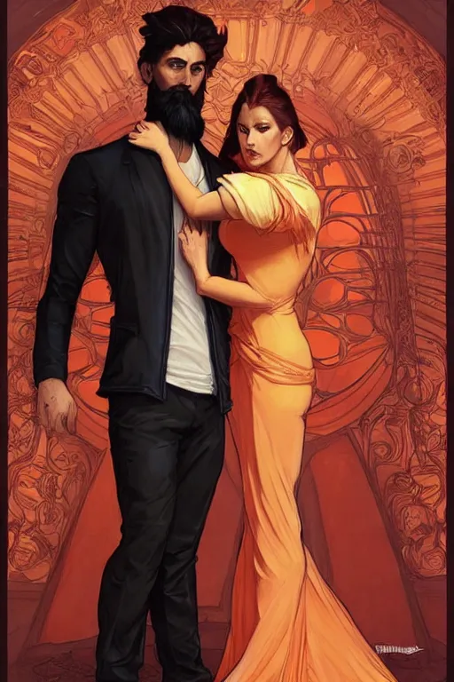 Prompt: bearded young man wearing orange t - shirt and tinfoil hat fastens zipper on beautiful black dress of his spouse before going to exquisite gala art by artgerm and greg rutkowski and charlie bowater and magali villeneuve and alphonse mucha