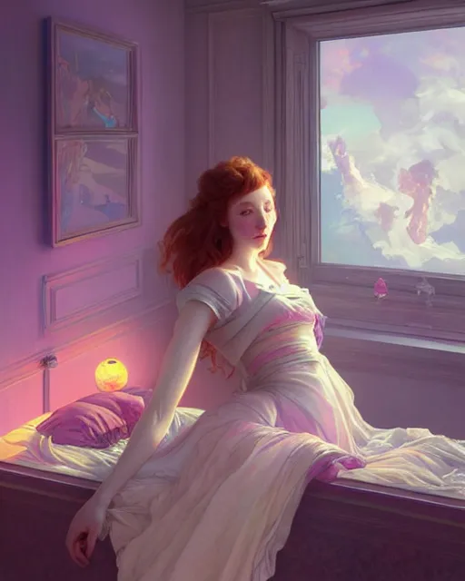 Image similar to eleanor tomlinson, vaporwave, bedroom, highly detailed, digital painting, artstation, concept art, smooth, sharp focus, illustration, art by artgerm and greg rutkowski and alphonse mucha