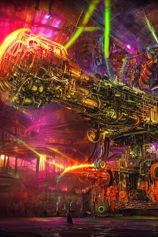 Image similar to a concert poster, tourname is invasion of the tripmachines, realistic digital art, 3 d render of two huge futuristic steampunk generators inside a steampunk machinery, 8 k, fluorescent colors, halluzinogenic, multicolored, exaggerated detailed, unreal engine