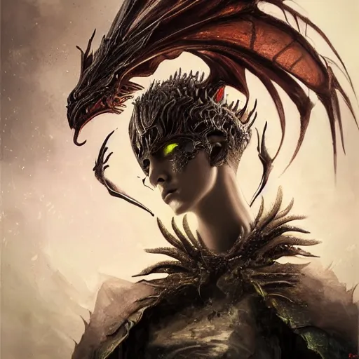 Prompt: beautiful dragon queen portrait, fantasy, dystopian, phoenix dragon, armor, future, cyberpunk, butterfly squid, burning halo, intricate artwork by Guy Denning and Anna Dittmann very coherent artwork, cinematic, hyper realism, high detail, octane render, unreal engine, 8k, Vibrant colors, Smooth gradients, High contrast, depth of field,