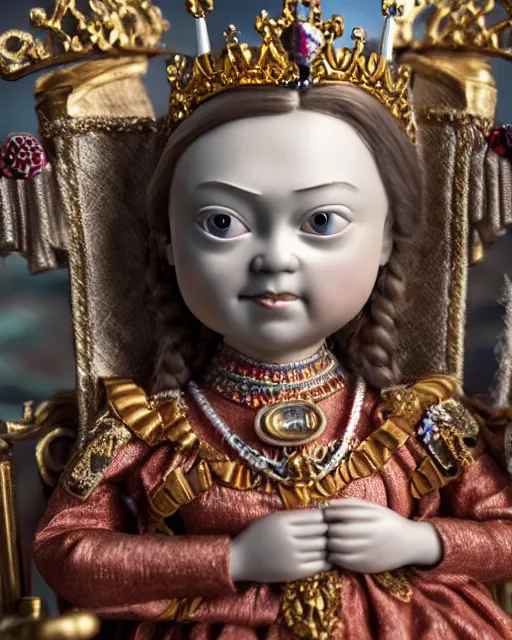 Image similar to highly detailed closeup, face profile portrait of a tin toy greta thunberg as queen victoria wearing a crown and sitting on a throne, bikini, depth of field, nicoletta ceccoli, mark ryden, lostfish, max fleischer, breathtaking, detailed and intricate environment, 8 k resolution, hyperrealistic, octane render