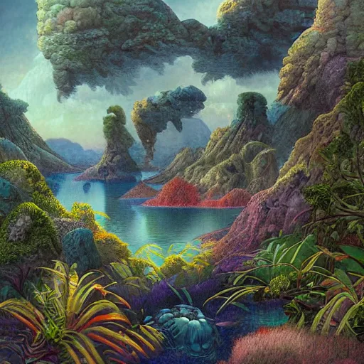Prompt: digital painting of a lush natural scene on an alien planet by gerald brom. digital render. detailed. beautiful landscape. colourful weird vegetation. cliffs and water.