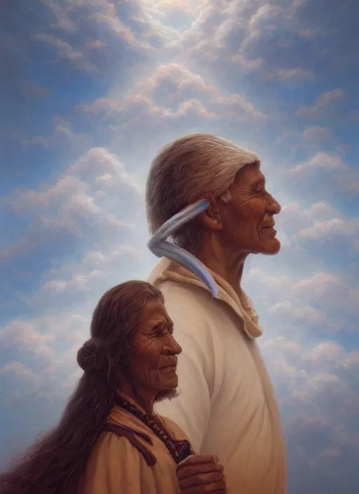 Image similar to portrait of an indigenous grandfather and grandmother in the clouds, smiling, protection, benevolence, ancestors, art by christophe vacher