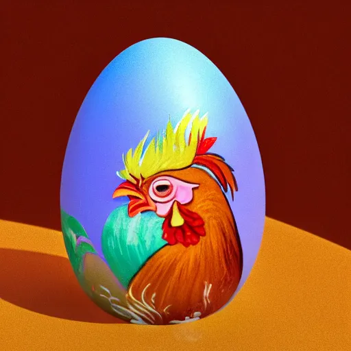 Image similar to 'a painted Easter egg that is imagining becoming a chicken as imagined by a iridescent rooster as imagined by a cat that is laying half asleep on the windowsill as the mentally ill geek girl reads the cat's thoughts concerning the iridescent rooster is imagining a beautiful painted Easter egg that is imagining turning into a chicken.' 3D render at 16K resolution. epically surreally epic image. rendering amazing detail. vivid clarity. ultra shadowing. mind-blowing quality.