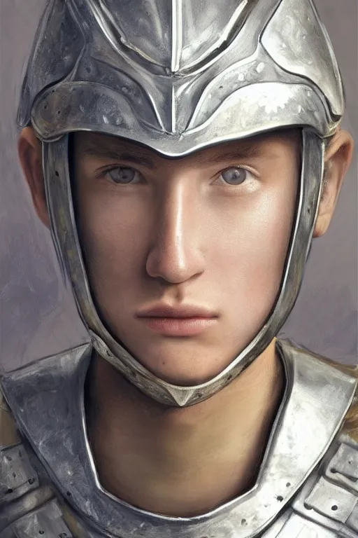 Image similar to a blonde male teenager wearing a silver plate armor, digital painting, digital art, oil painting, masterpiece, realistic and detailed face, profile picture, realistic, highly detailed, high quality, symmetrical, low contrast, trending on deviantart, soft colors, soft lighting, face portrait, beautiful, elegant, anatomically correct, castle in the background, bokeh, dof