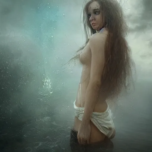 Image similar to a person in a costume standing in a body of water, a character portrait by bastien lecouffe - deharme, trending on cgsociety, fantasy art, angelic photograph, apocalypse art, national geographic photo